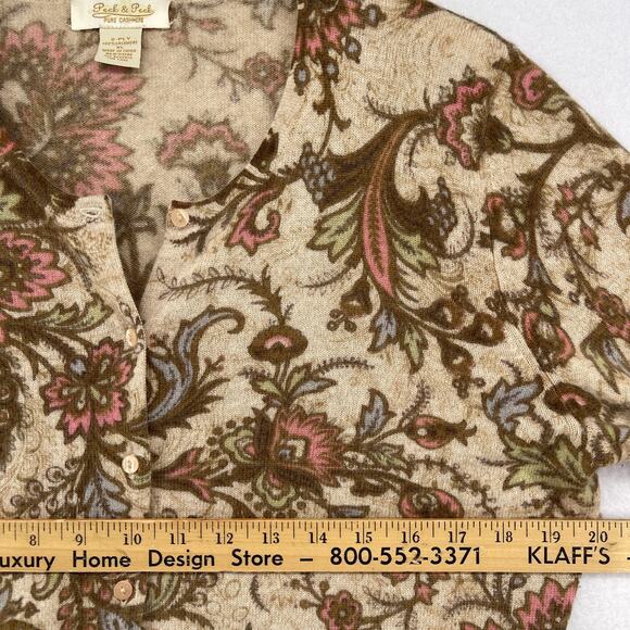 PECK & PECK Sweater XL Pure Cashmere Button Up Cardigan Floral Paisley Beige VTG - Picture 10 of 12